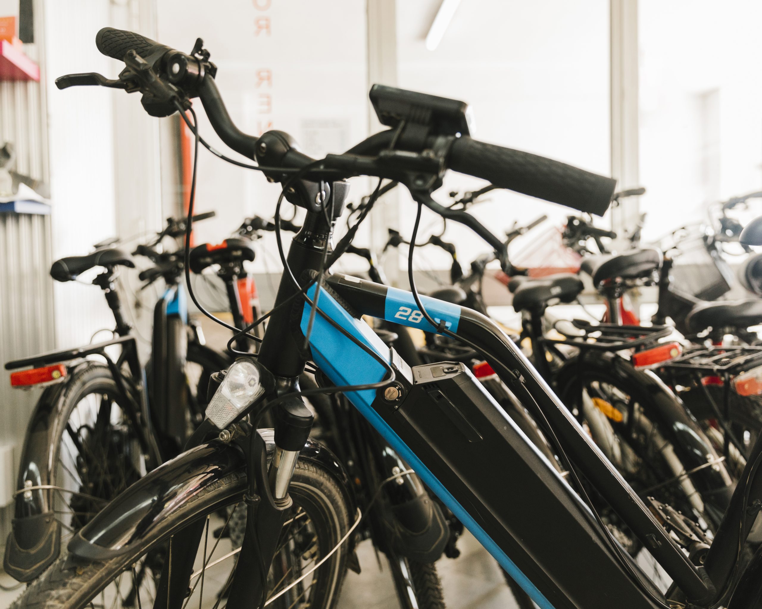 e-bikes for sale at bicycle shop