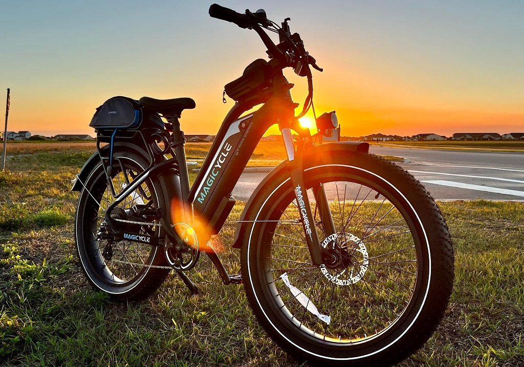magicycle fat tire electric bike at sunset