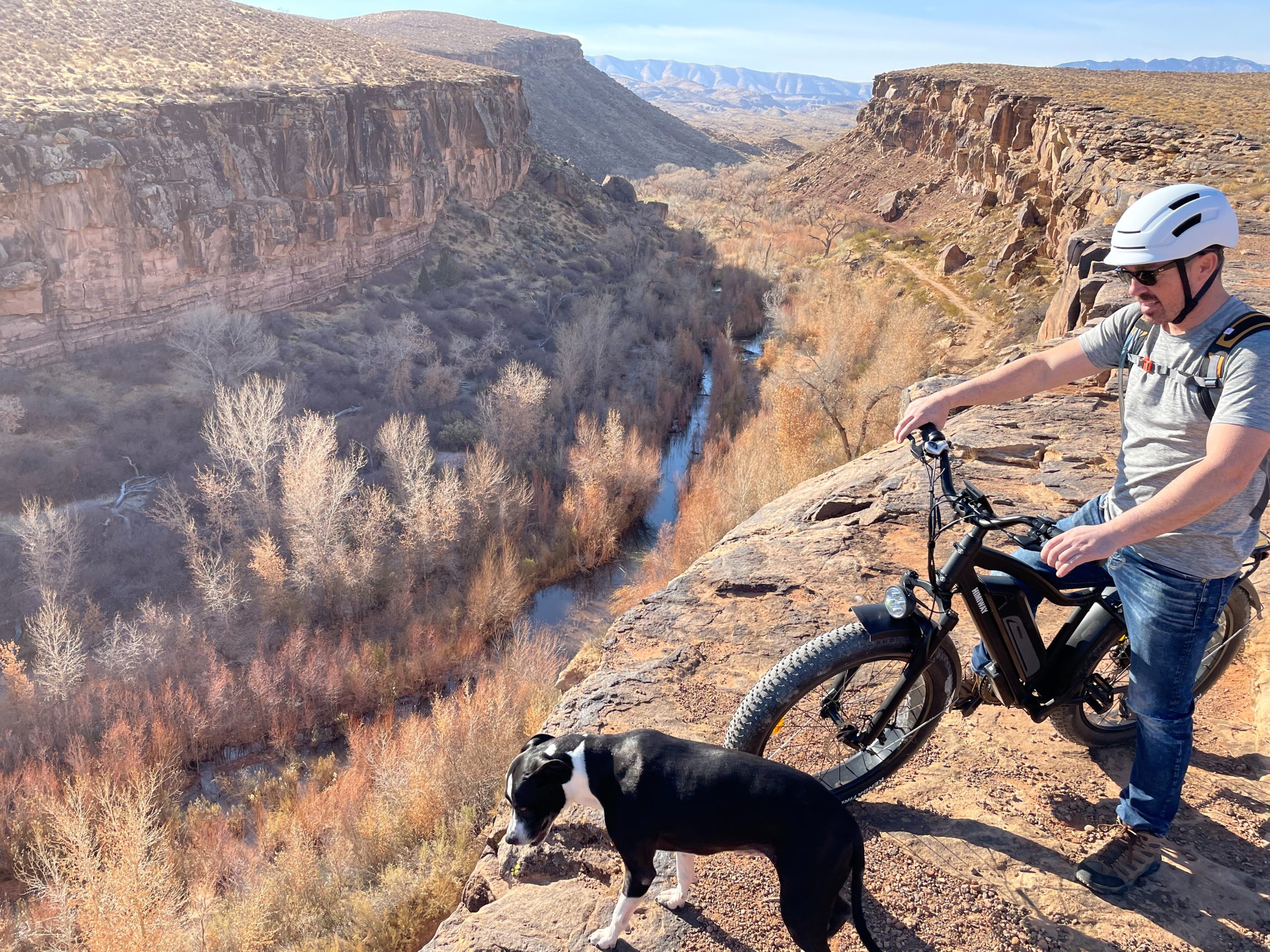 man on his electric mountian bike with his dog overlooking a river valley